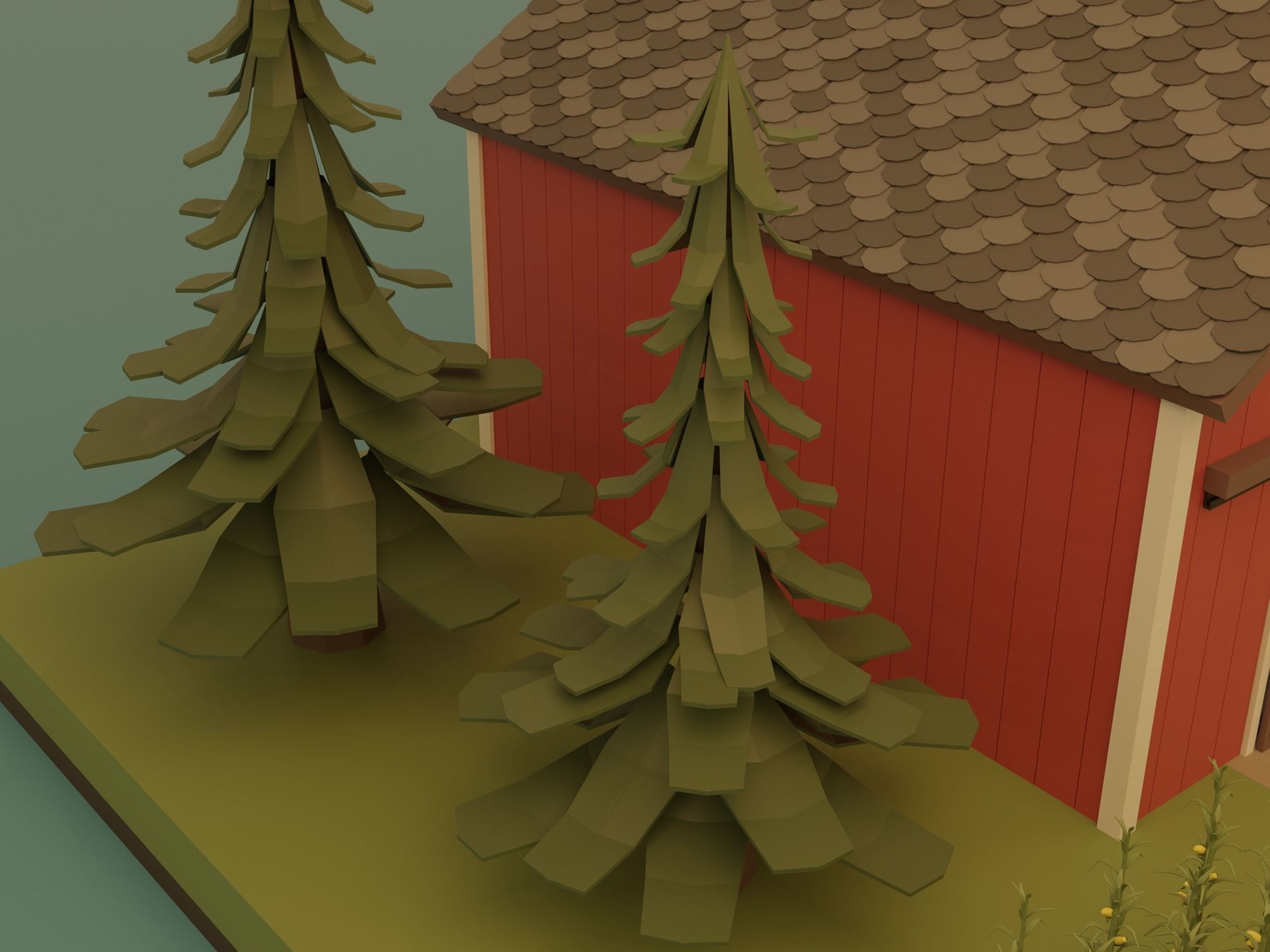 Farm with barn and trees Low-poly 3D model_21