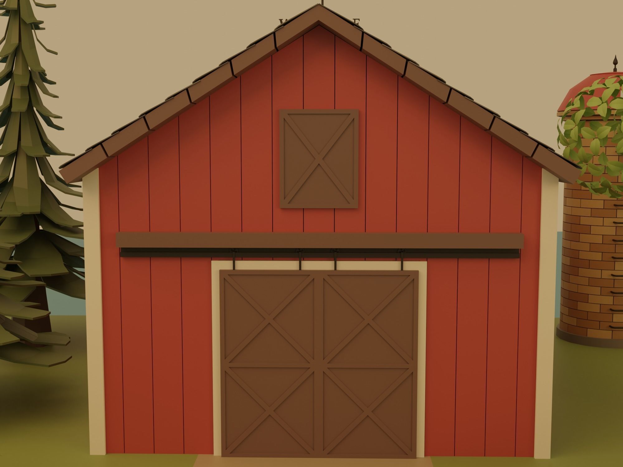 Farm with barn and trees Low-poly 3D model_15