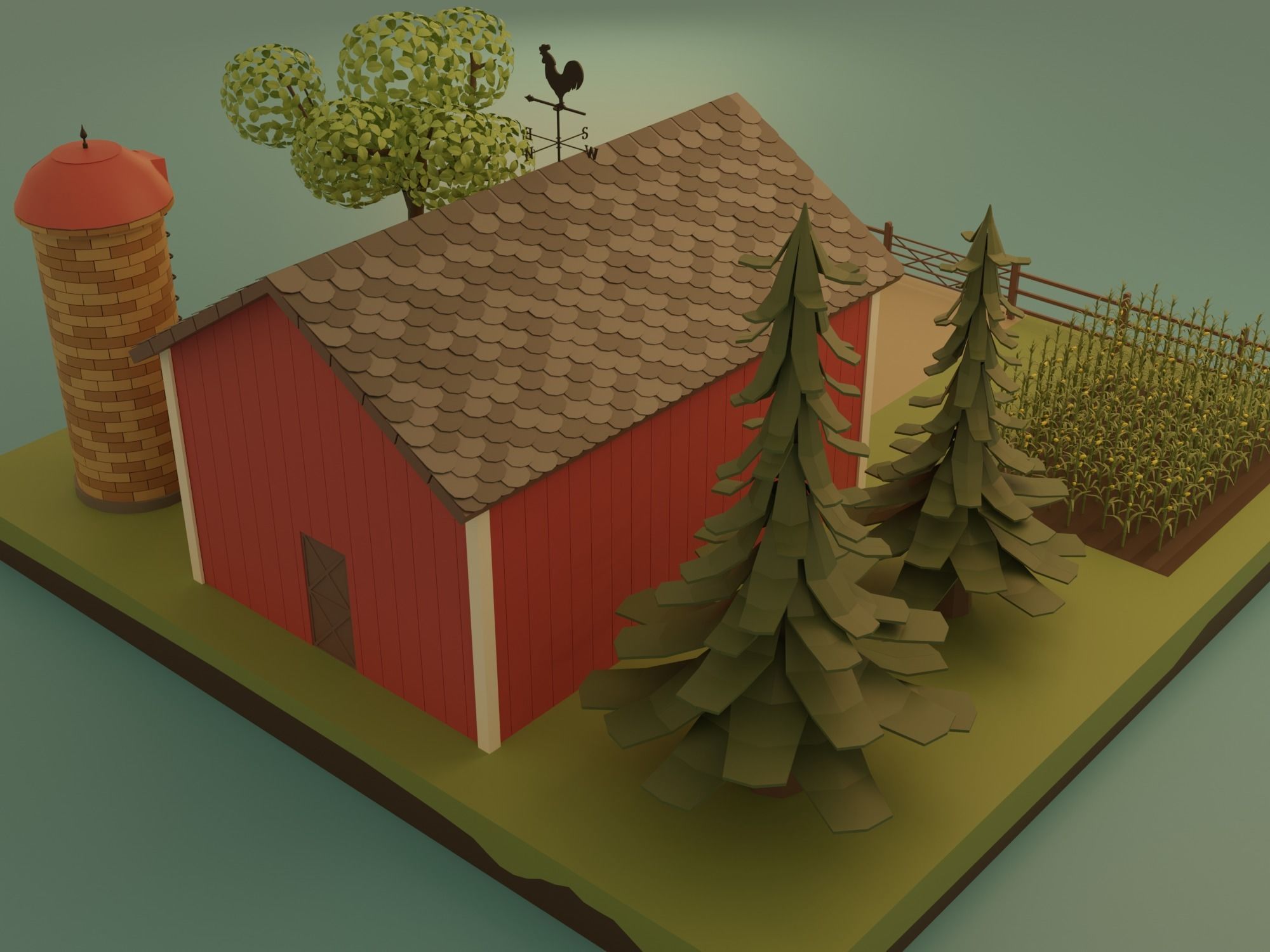 Farm with barn and trees Low-poly 3D model_22