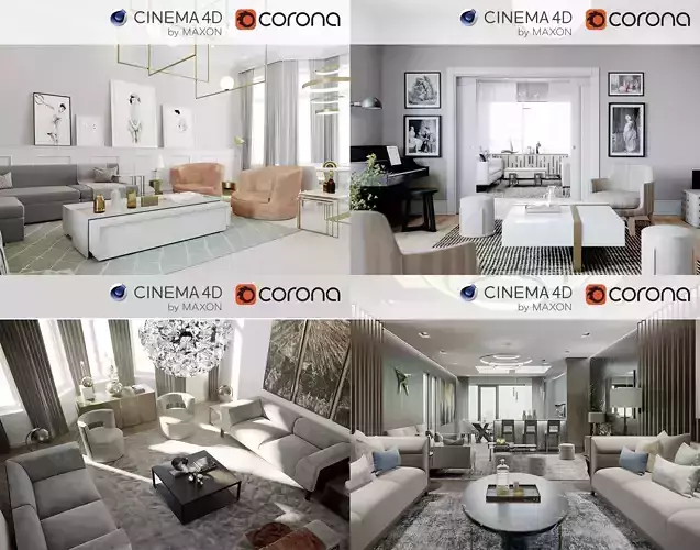 Set 8 - Corona - 4 x Living Room Interior Scenes 3D Model Collection