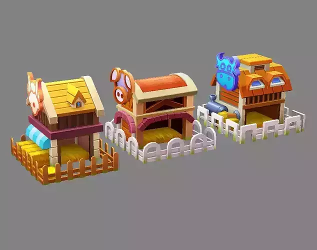 Cartoon farm buildings - cow shed - pigsty - sheep pen