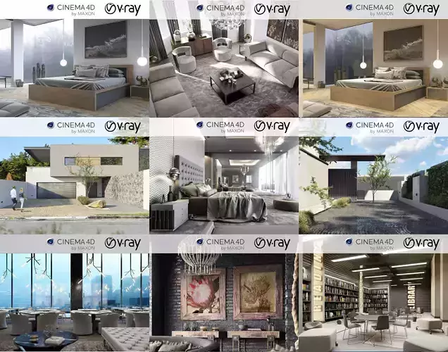 Set 4 - VRay C4D - 8 x Interior and Exterior Scenes 3D Model Collection