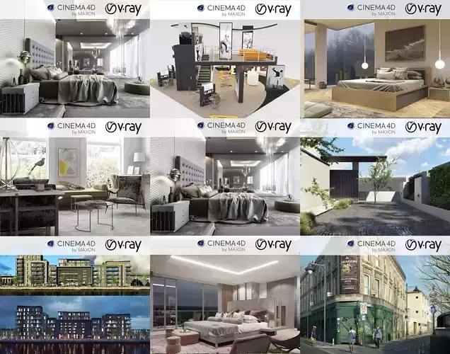 Set 5 - VRay C4D - 8 x Interior and Exterior Scenes 3D Model Collection