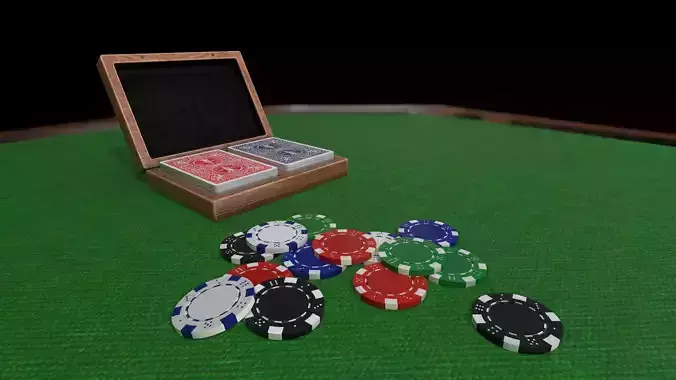 Poker set - playing cards box and Poker chips Low-poly 3D model