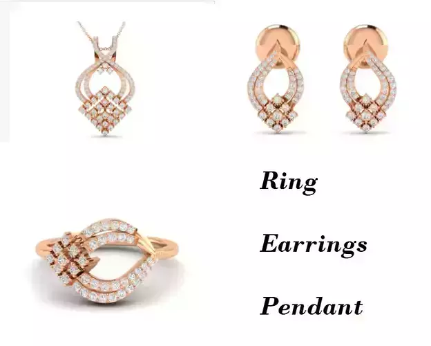 Women Pendant Earrings Ring set 3dm stl render detail 3D print model