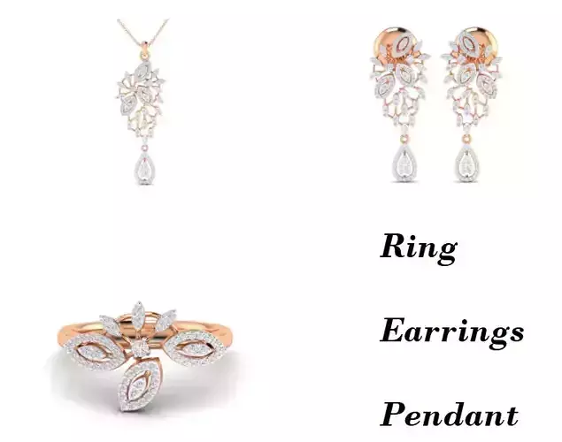 Women Pendant Earrings Ring set 3dm stl render detail