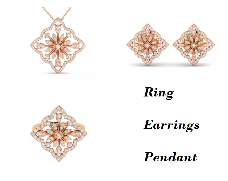 Women Pendant Earrings Ring set 3dm stl render detail 3D print model_0