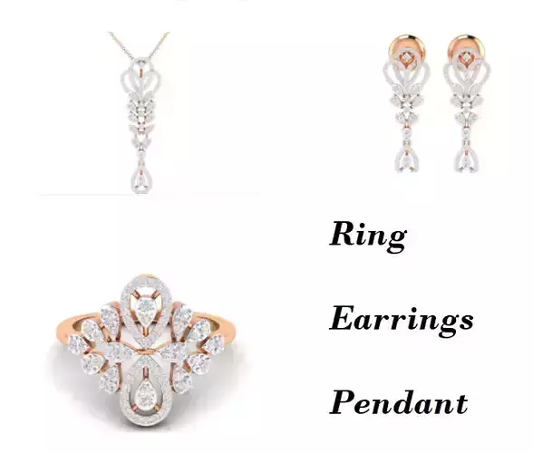 Women Pendant Earrings Ring set 3dm stl render detail 3D print model