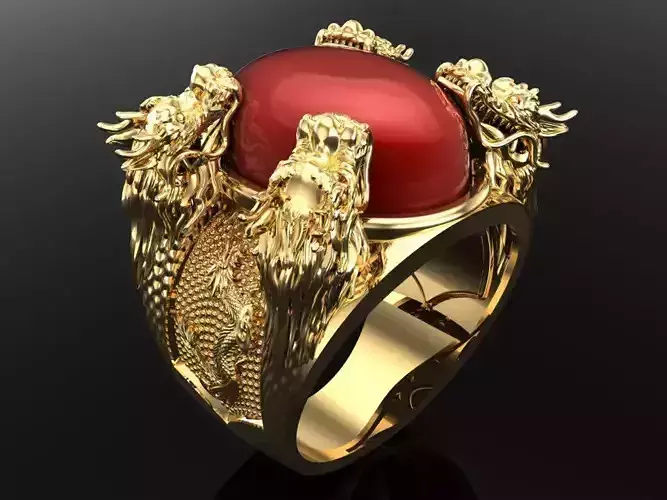 Four  dragon ring  - Oval stone mens rings - N1140