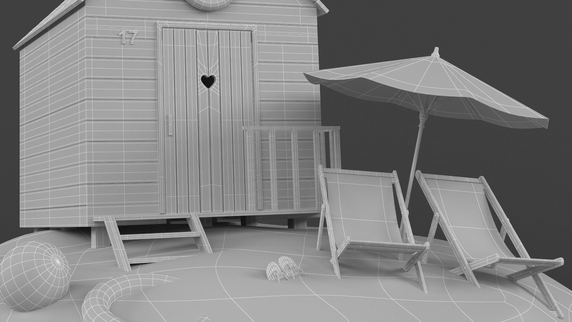 Beach Hut Umbrella and Chair 3D model_11