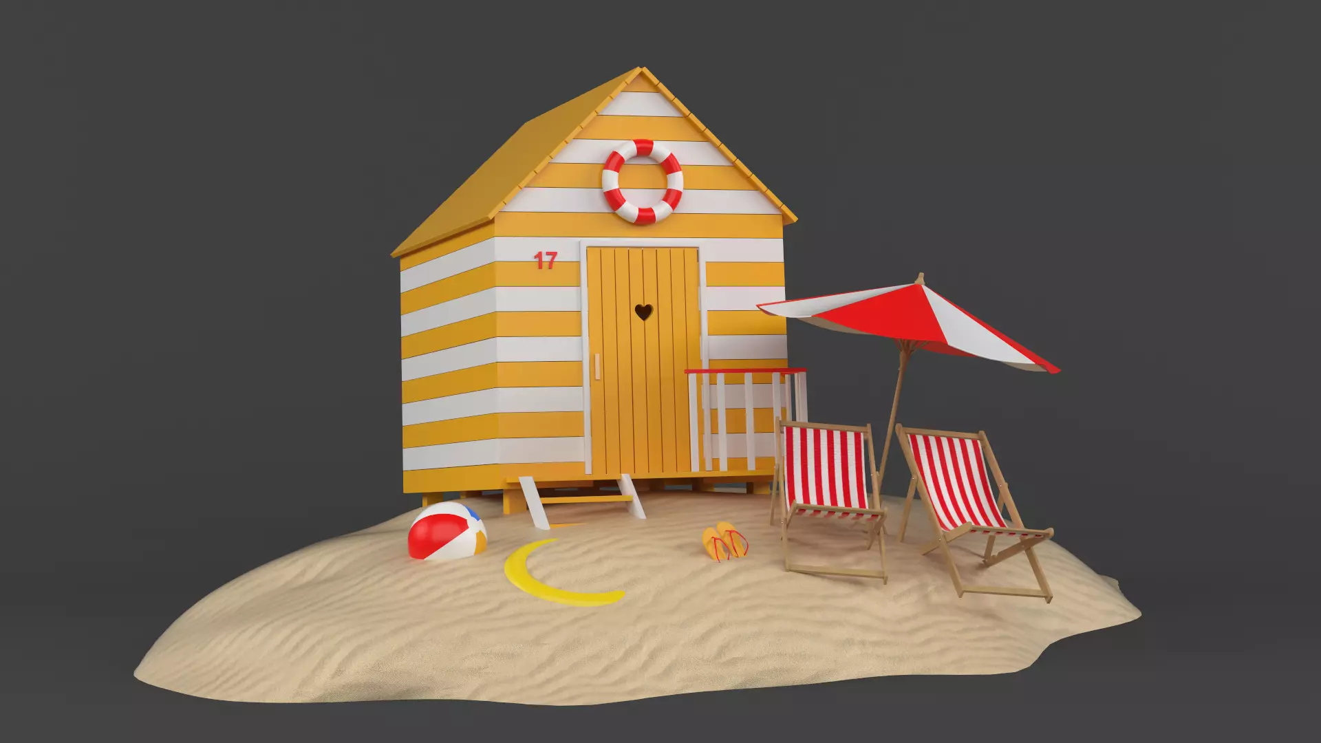 Beach Hut Umbrella and Chair 3D model_0
