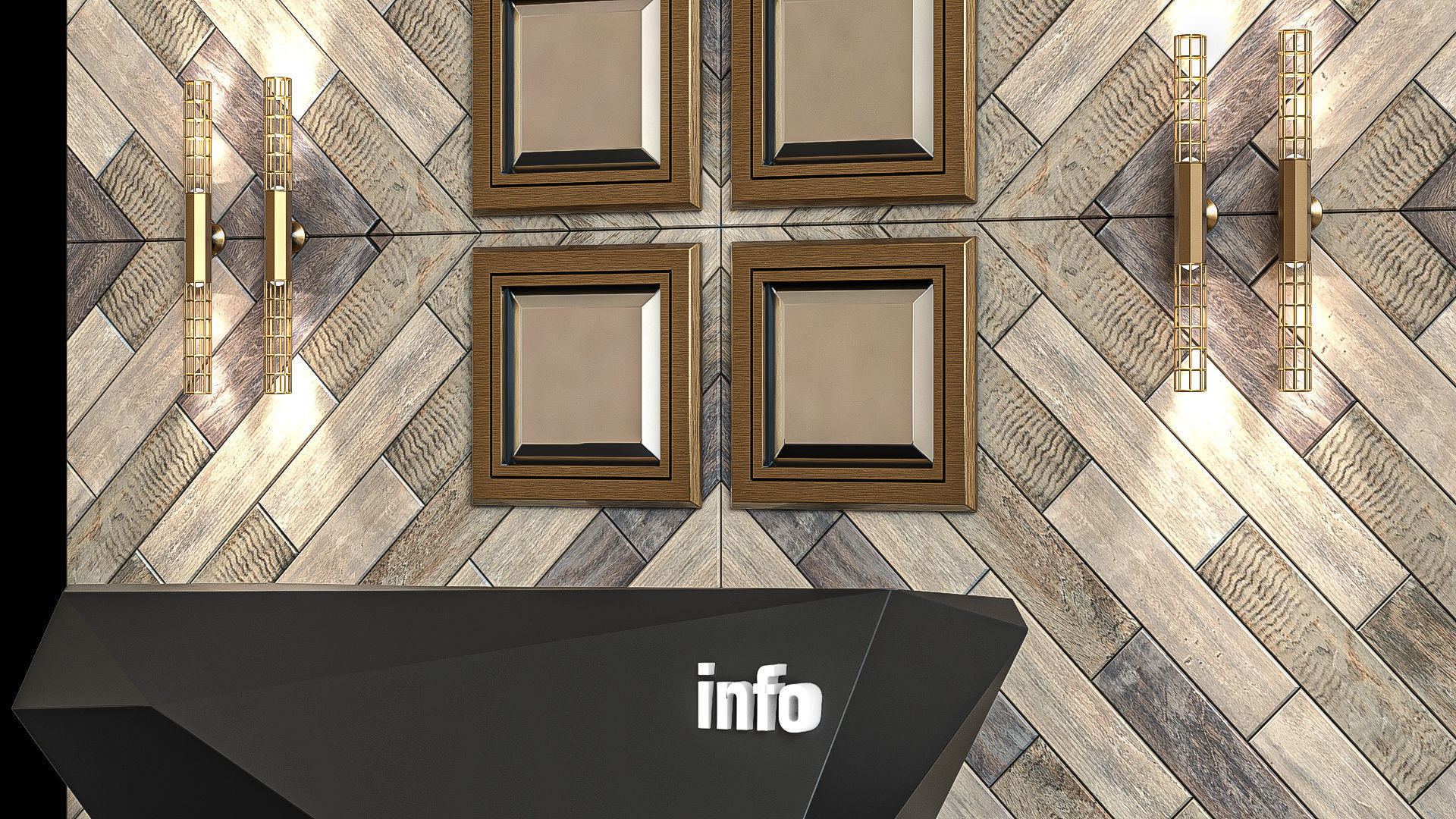 Reception wooden wall with four light fixtures 3D model_4