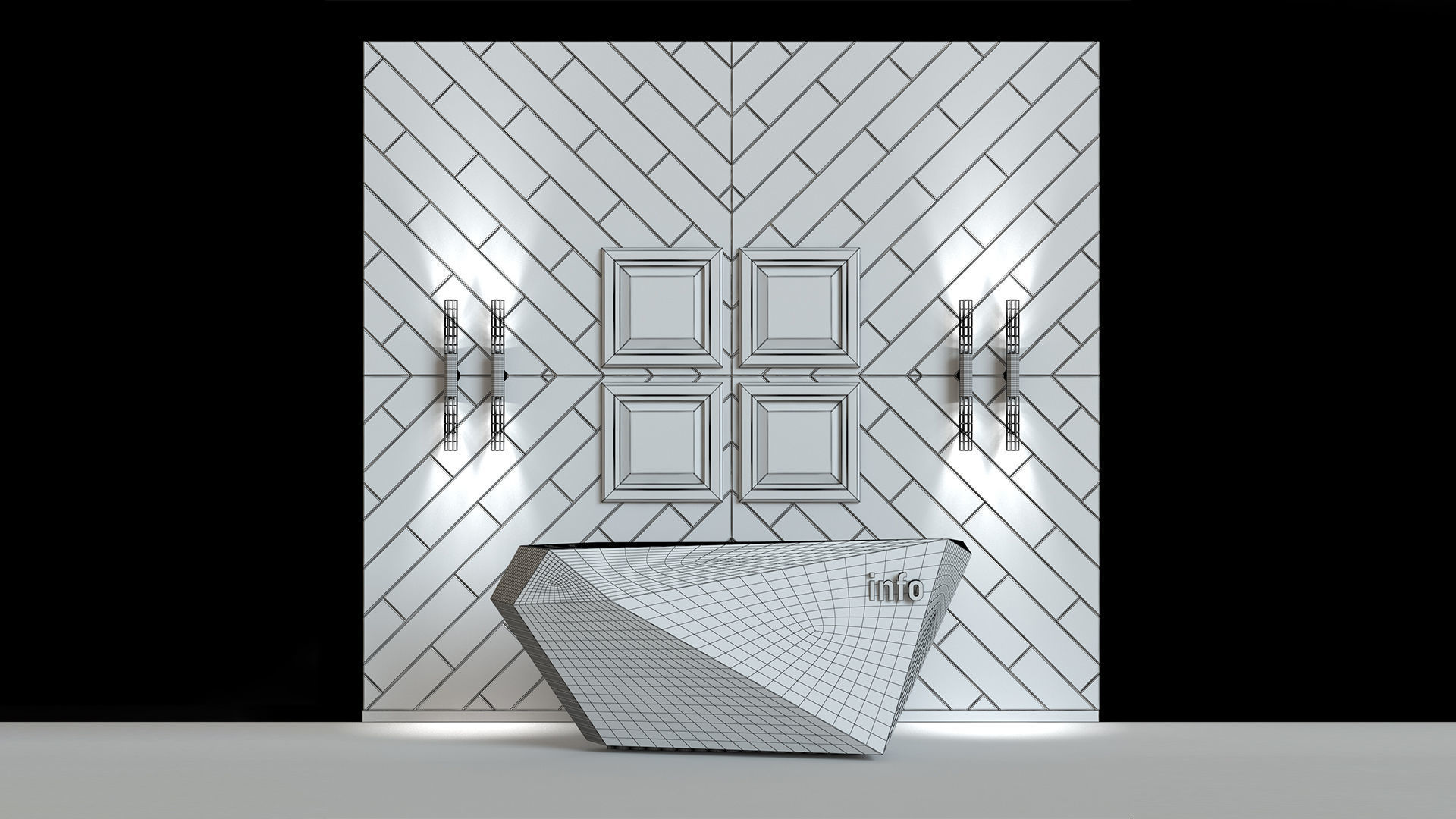 Reception wooden wall with four light fixtures 3D model_5