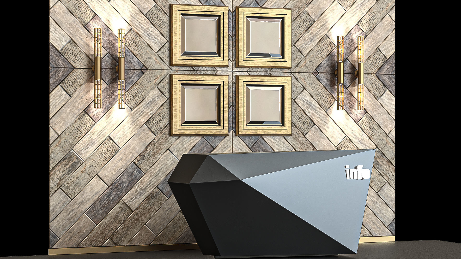 Reception wooden wall with four light fixtures 3D model_1