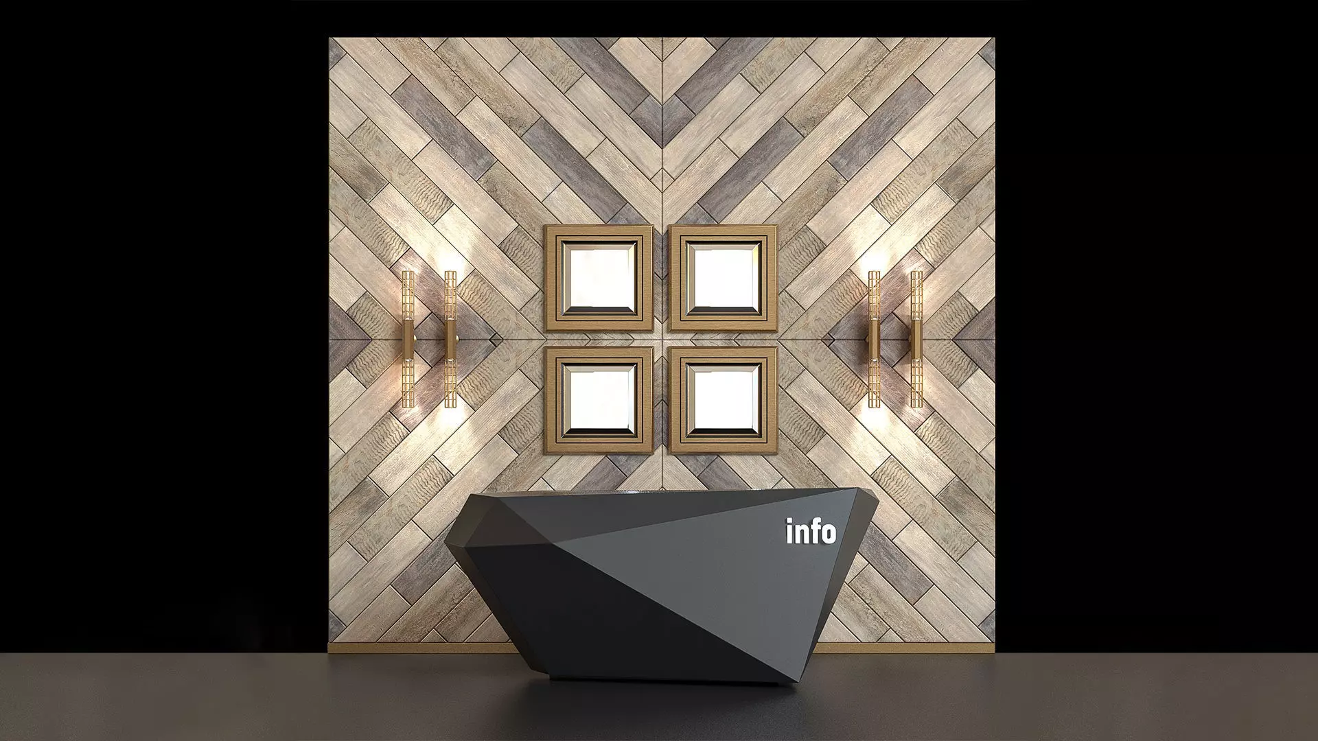 Reception wooden wall with four light fixtures 3D model_0
