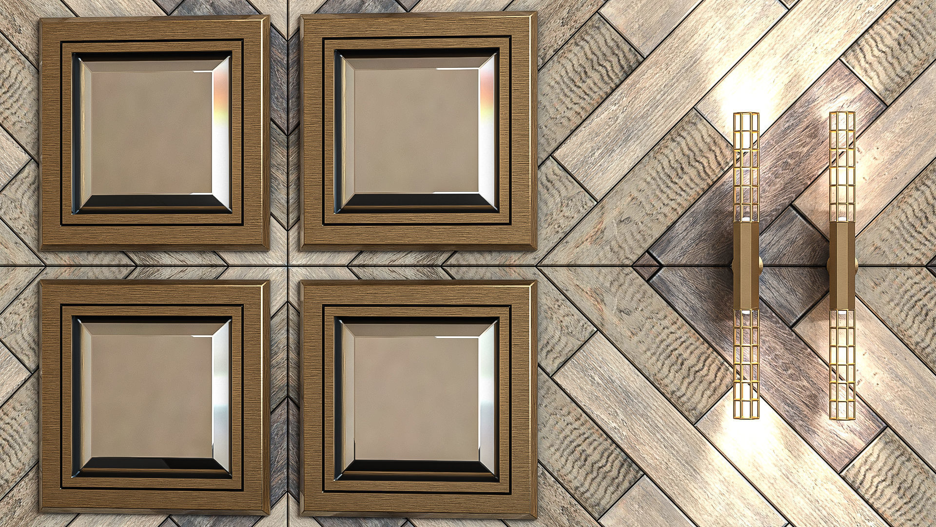 Reception wooden wall with four light fixtures 3D model_2