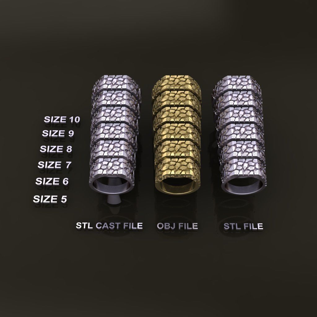 Gold Nugget Narrow Rectangular Signet Ring Mix Size 3D print model_3