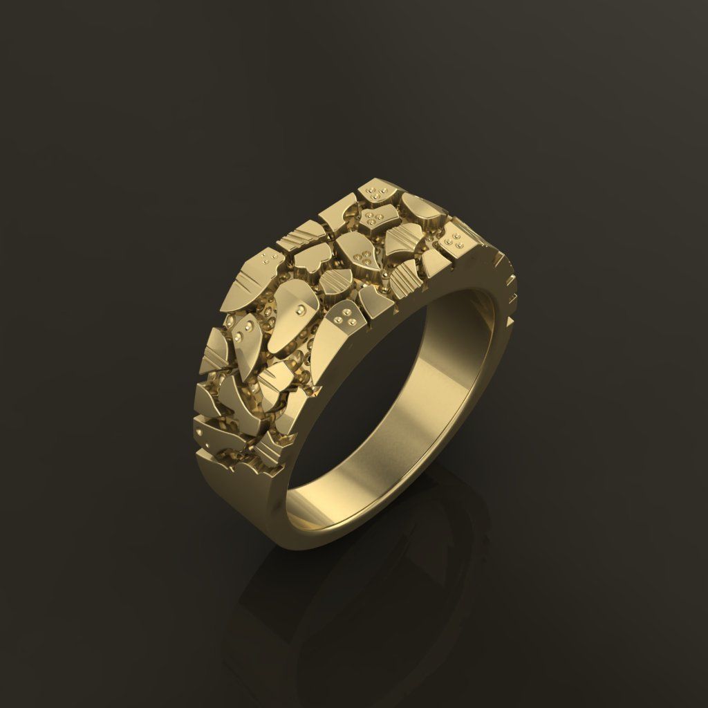Gold Nugget Narrow Rectangular Signet Ring Mix Size 3D print model_6