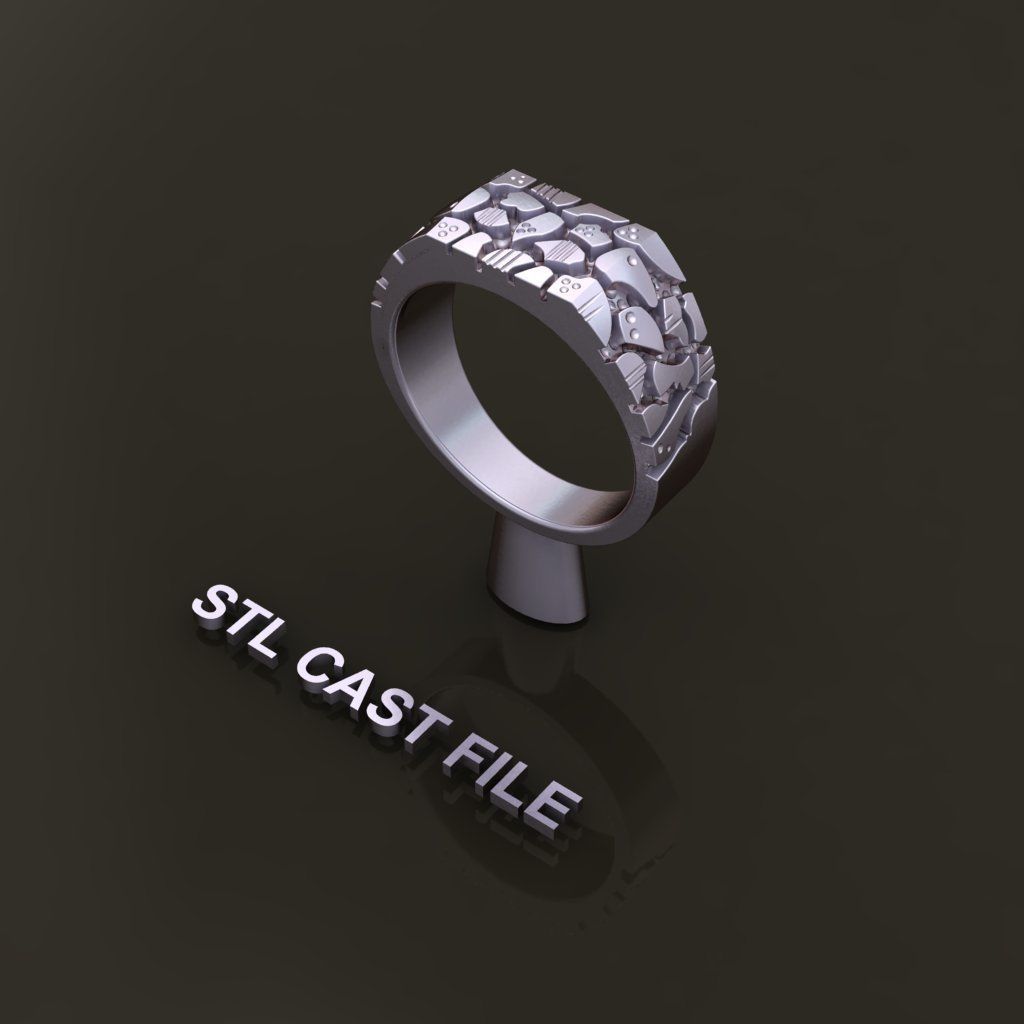 Gold Nugget Narrow Rectangular Signet Ring Mix Size 3D print model_9