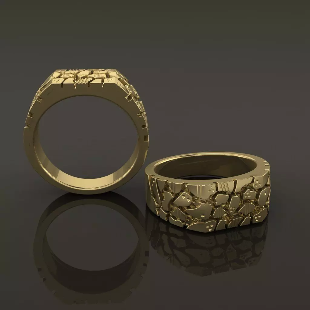 Gold Nugget Narrow Rectangular Signet Ring Mix Size 3D print model_0