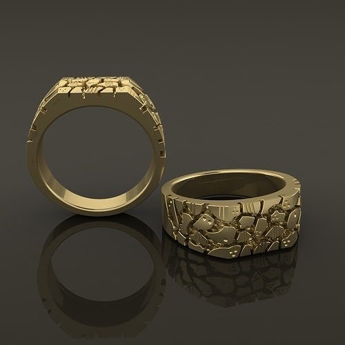 Gold Nugget Narrow Rectangular Signet Ring Mix Size 3D print model