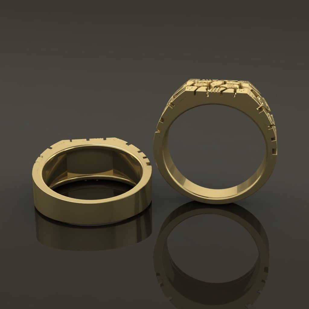 Gold Nugget Narrow Rectangular Signet Ring Mix Size 3D print model_1