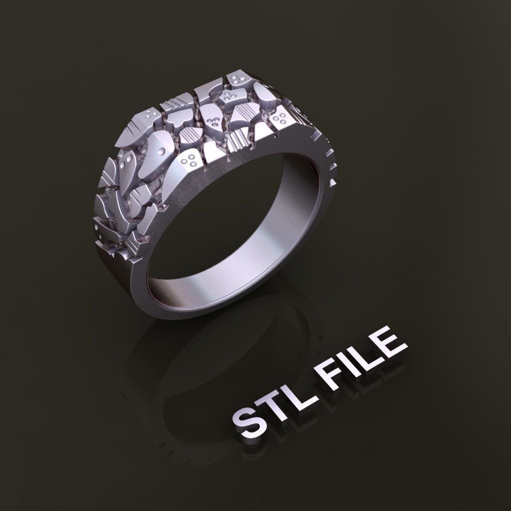 Gold Nugget Narrow Rectangular Signet Ring Mix Size 3D print model_8