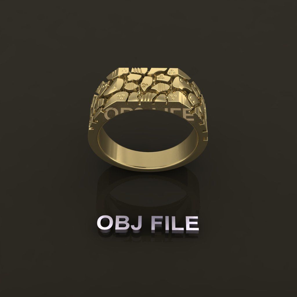 Gold Nugget Narrow Rectangular Signet Ring Mix Size 3D print model_7
