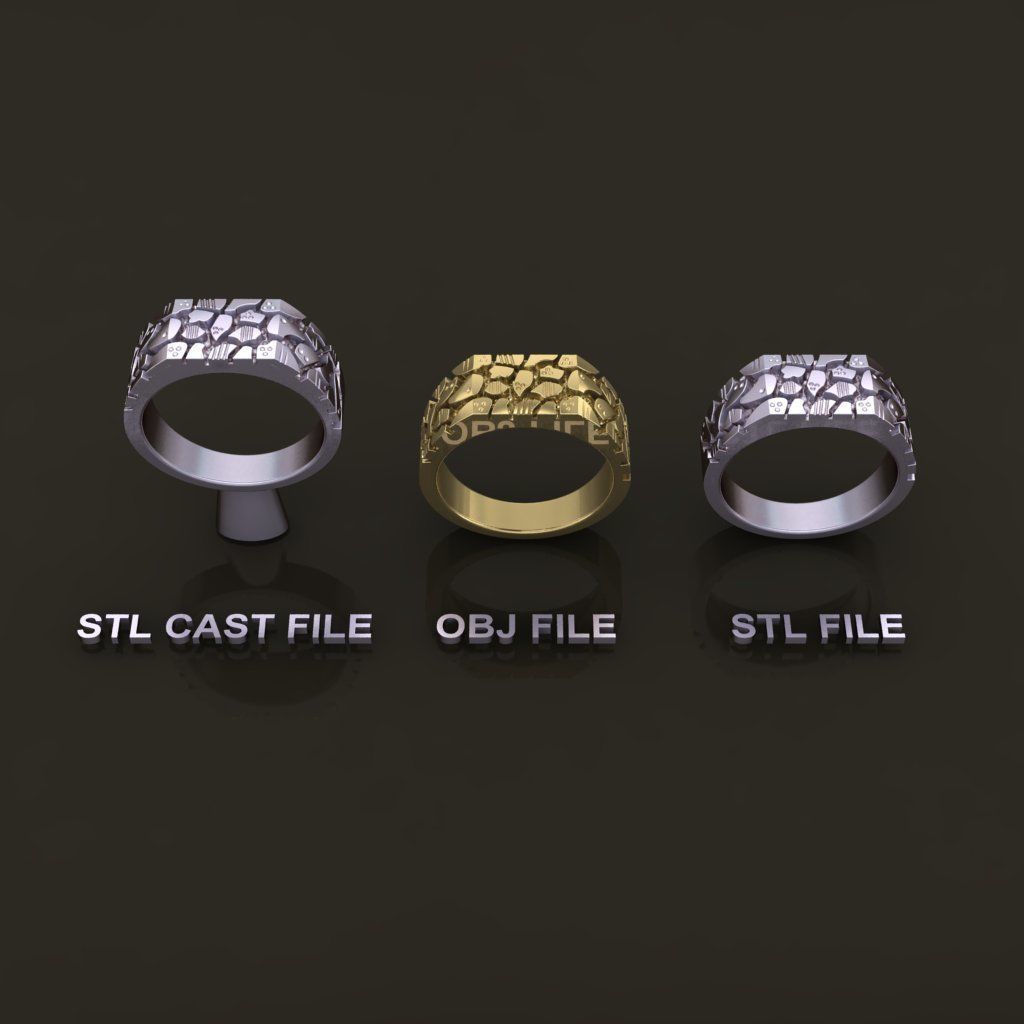 Gold Nugget Narrow Rectangular Signet Ring Mix Size 3D print model_2