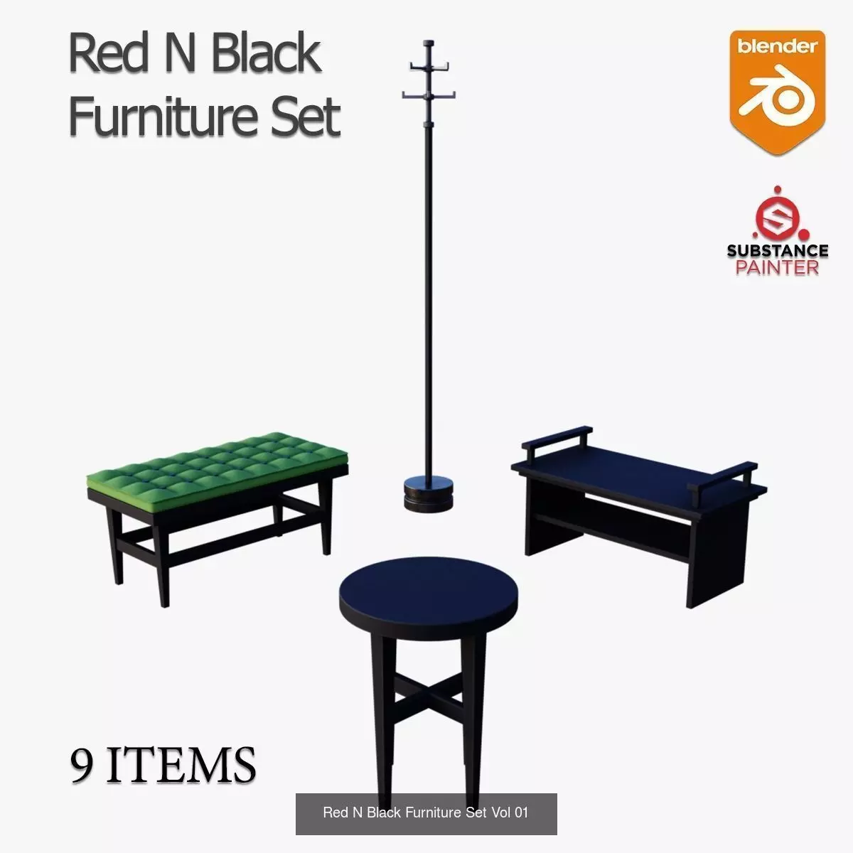 Red N Black Furniture Set 3D Model Collection_0