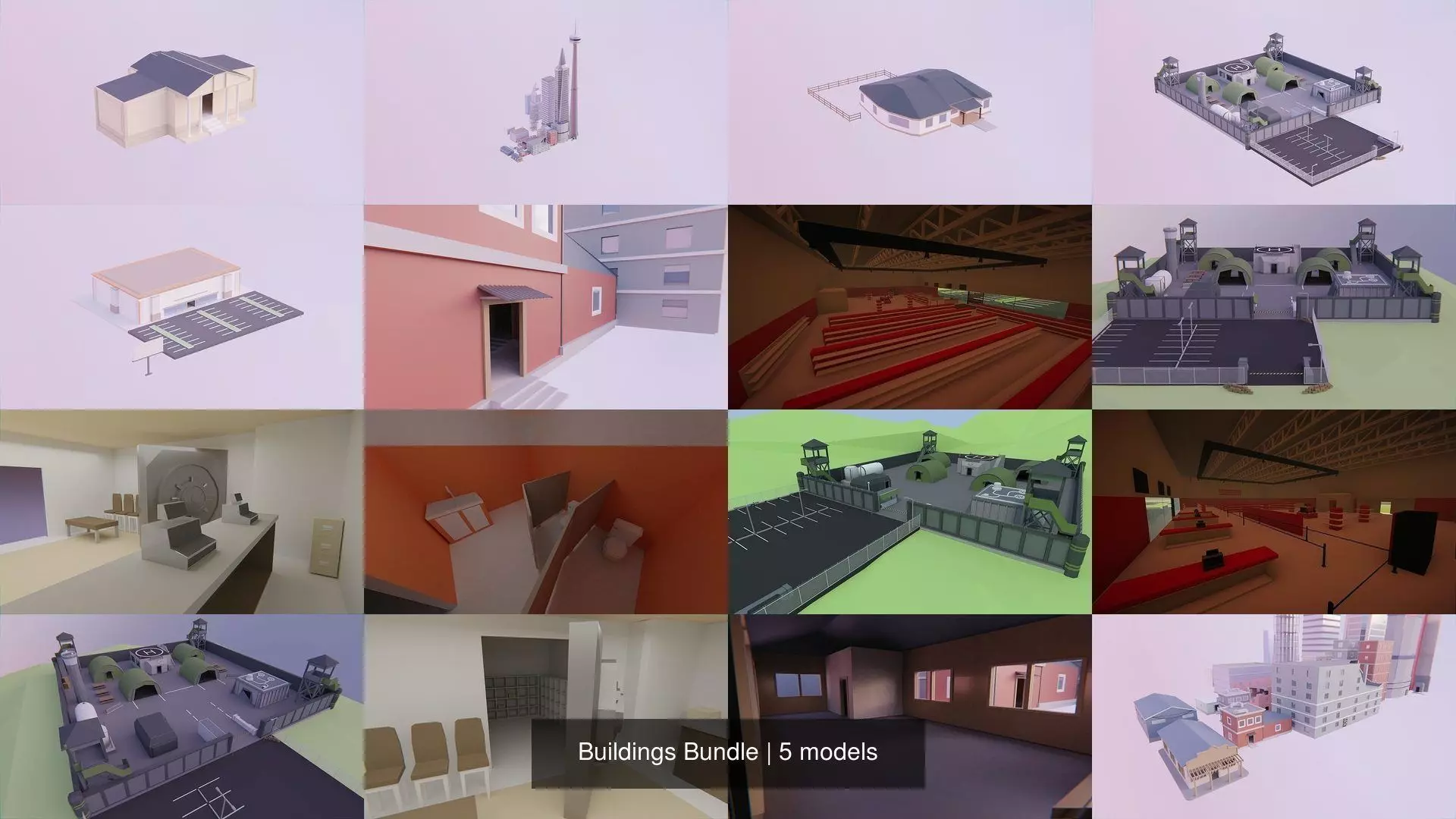 Low Poly Style Buildings Bundle 3D Model Collection_0