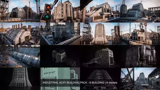 INDUSTRIAL SCIFI BUILDING PACK - 9 BUILDING 3D Model Collection