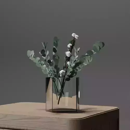 Cotton and Eucalyptus Branch Plant in Octagonal Glass Vase