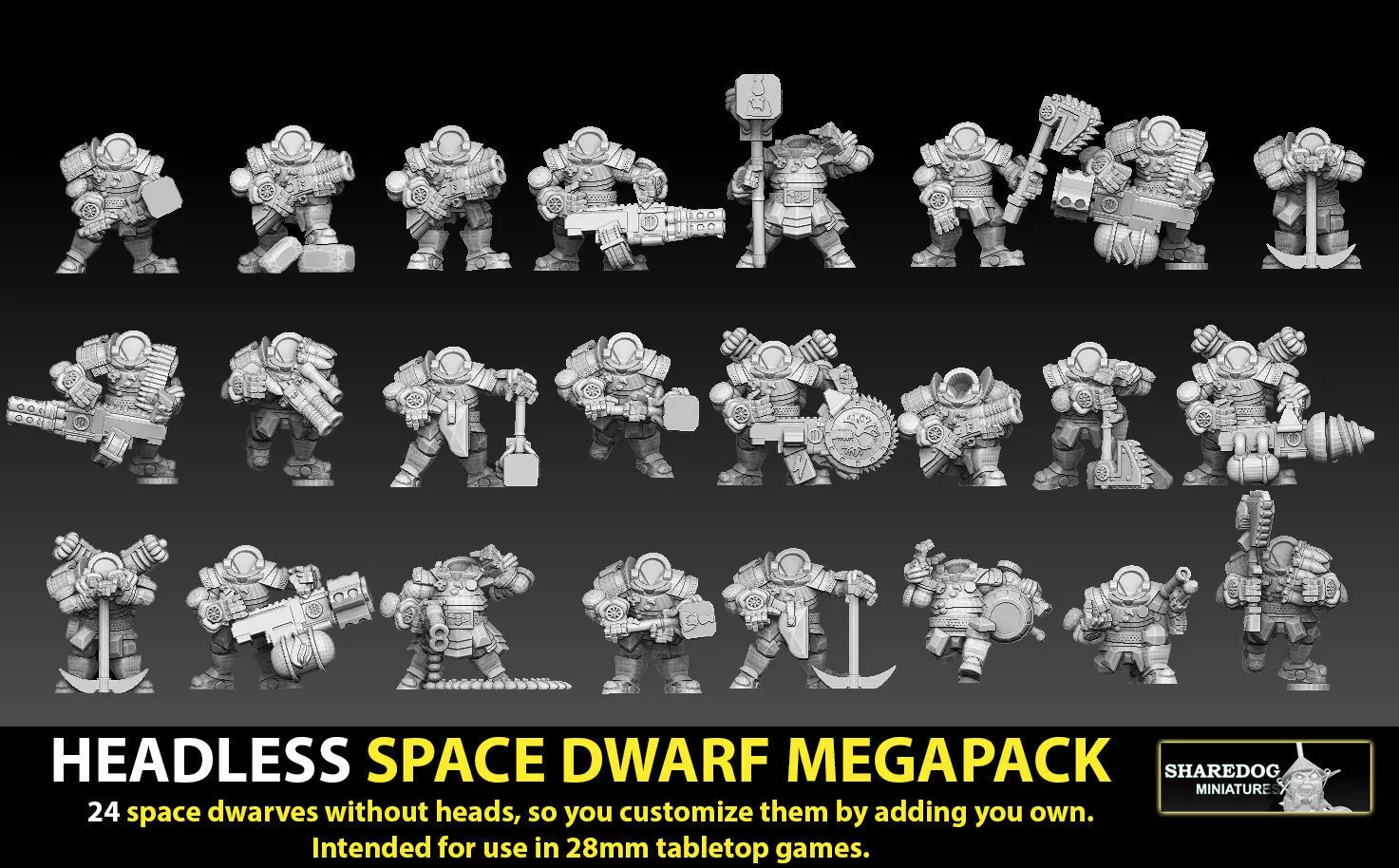 Headless 28mm Space Dwarf Megapack 3D print model_0