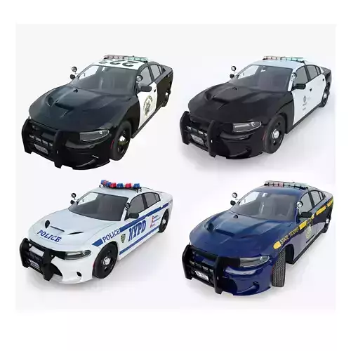 Four police cars of the Dodge Charger SRT and Hellcat brand 3D Model Collection