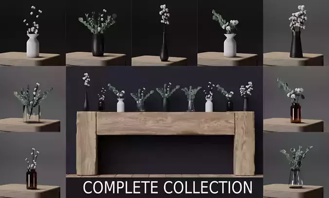 Assorted Cotton and Eucalyptus Branches in Vases