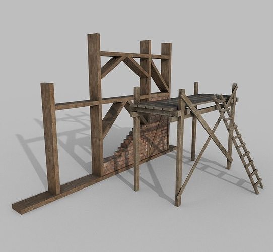 Construction wall and wooden scaffolding Low-poly 3D model