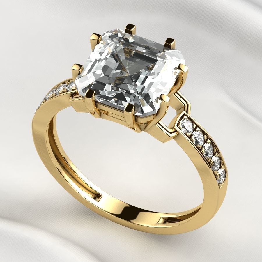 8x8mm Emerald Cut Gem Gold Ring 3D print model_2