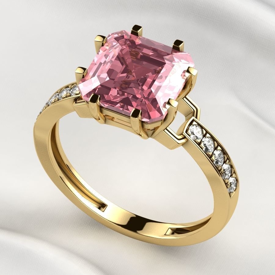 8x8mm Emerald Cut Gem Gold Ring 3D print model_1