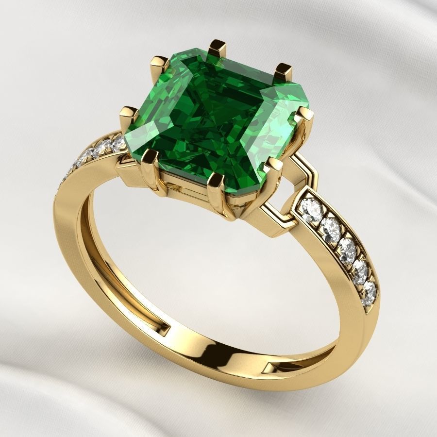 8x8mm Emerald Cut Gem Gold Ring 3D print model_3