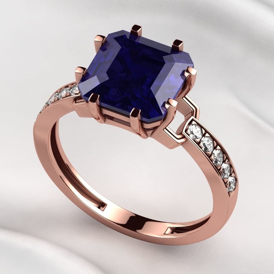 8x8mm Emerald Cut Gem Gold Ring 3D print model_7