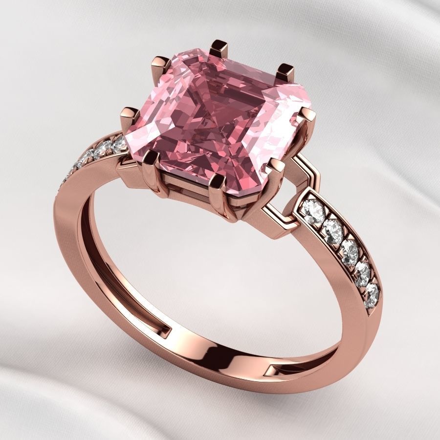 8x8mm Emerald Cut Gem Gold Ring 3D print model_5