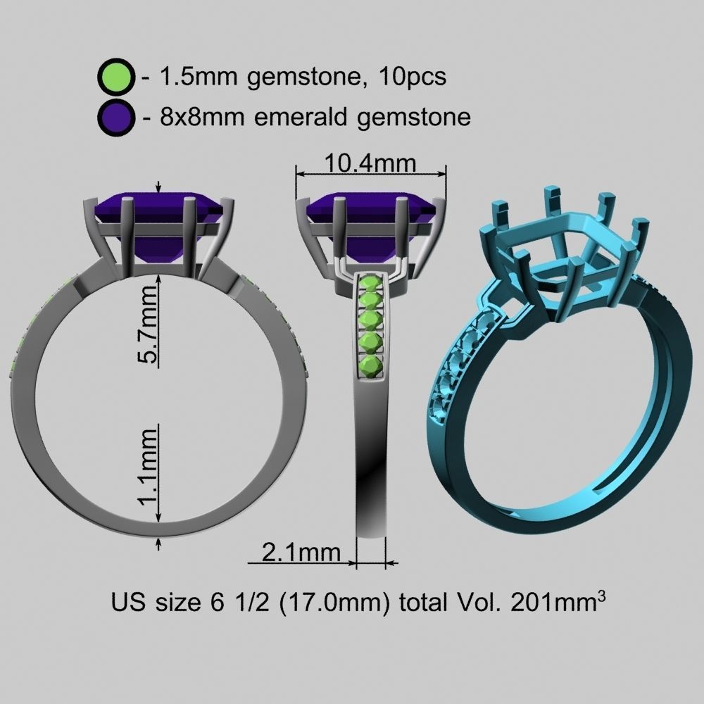 8x8mm Emerald Cut Gem Gold Ring 3D print model_21