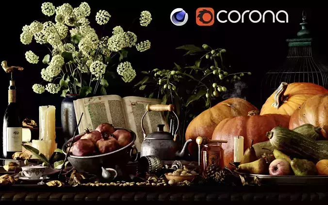 Fruits Kitchenware with Vegetables and Fruits  - 3D model 3D model