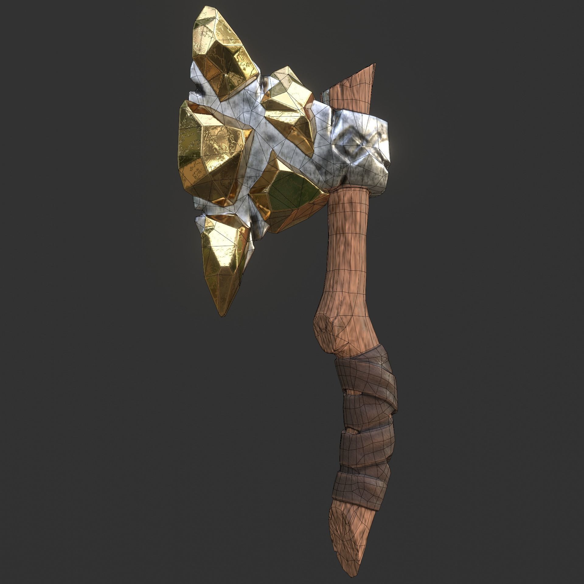 Stylized Melee Weapon Axe with Golden Crystals PBR game ready Low-poly 3D model_7
