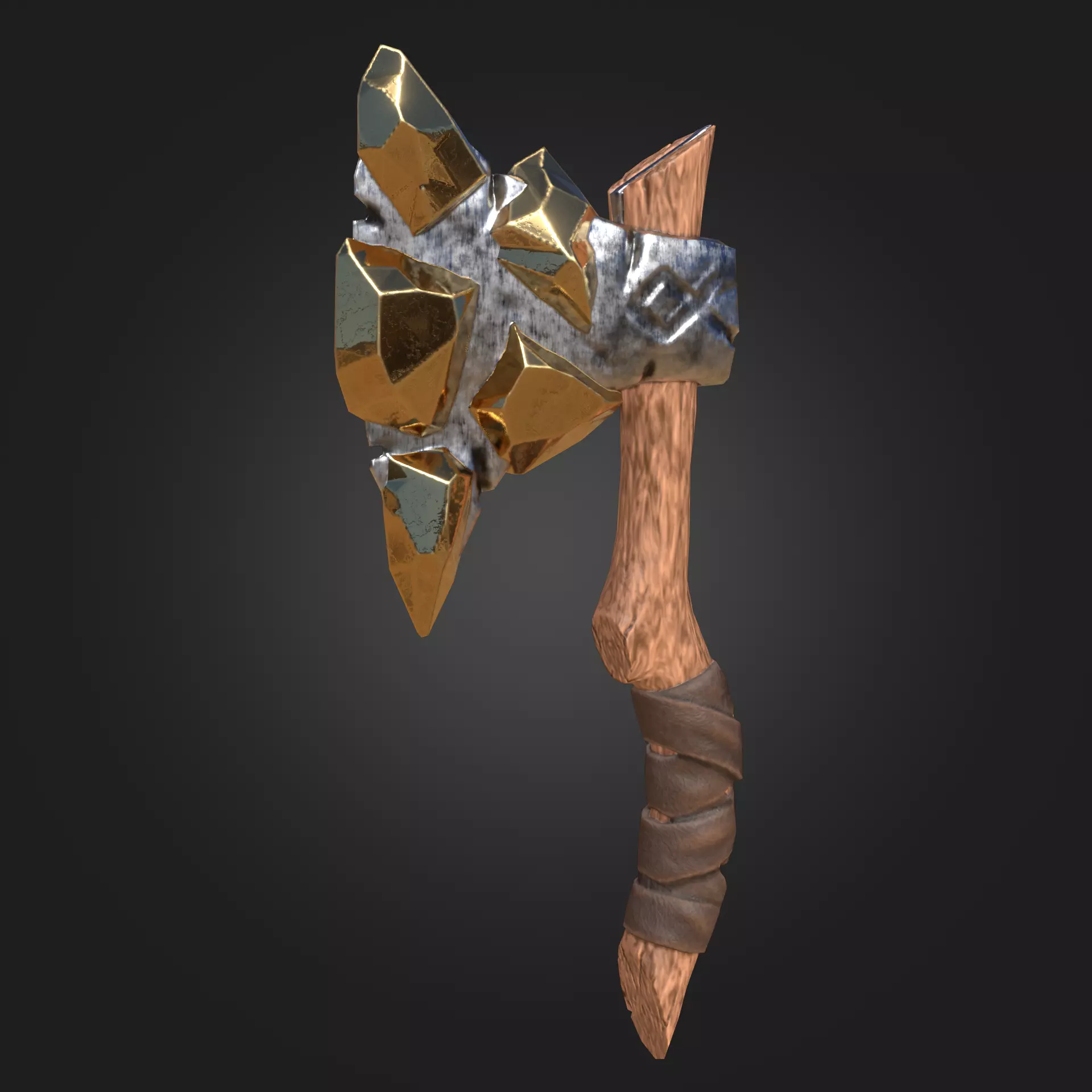 Stylized Melee Weapon Axe with Golden Crystals PBR game ready Low-poly 3D model_0