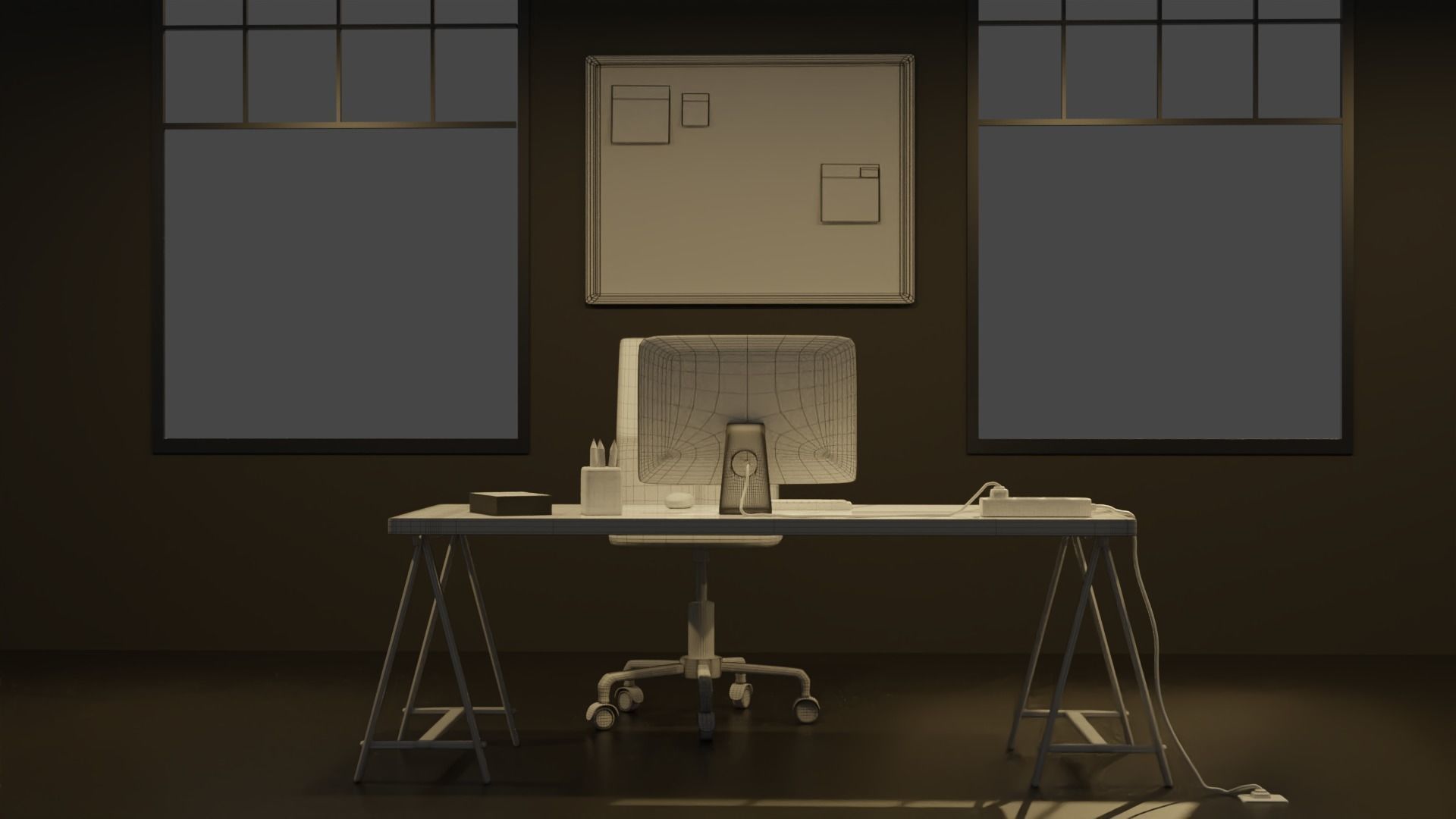 Office desk low poly 3d model Low-poly 3D model_1