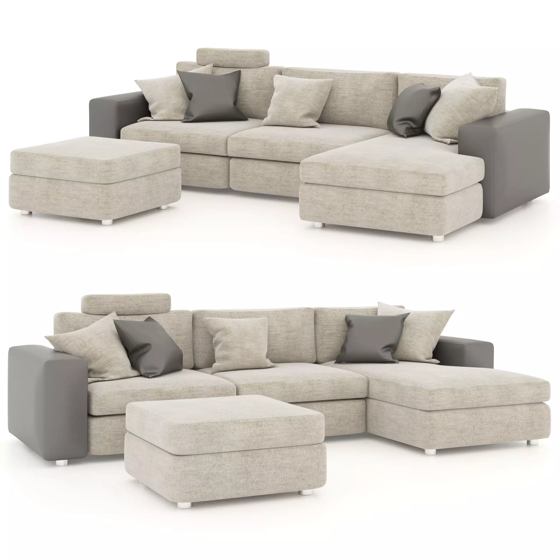 Corner sofa with pouf and pillows  Low-poly 3D model_0