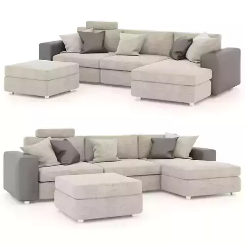 Corner sofa with pouf and pillows  Low-poly 3D model