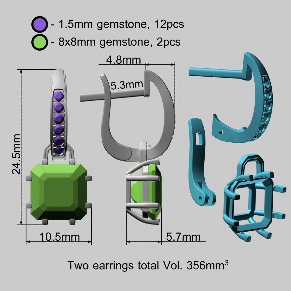 8x8 Emerald Cut Gem Gold Earrings 3D print model_23